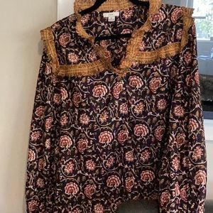 Anthropologie Othilia amazing edgy top black with bold butterscotch ruffed trim.